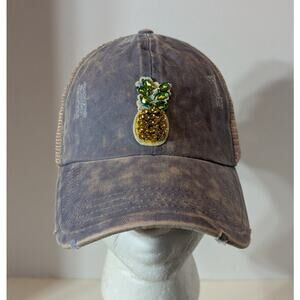 NWT David & Young Distressed Denim Ball Cap W/ Jeweled Pineapple